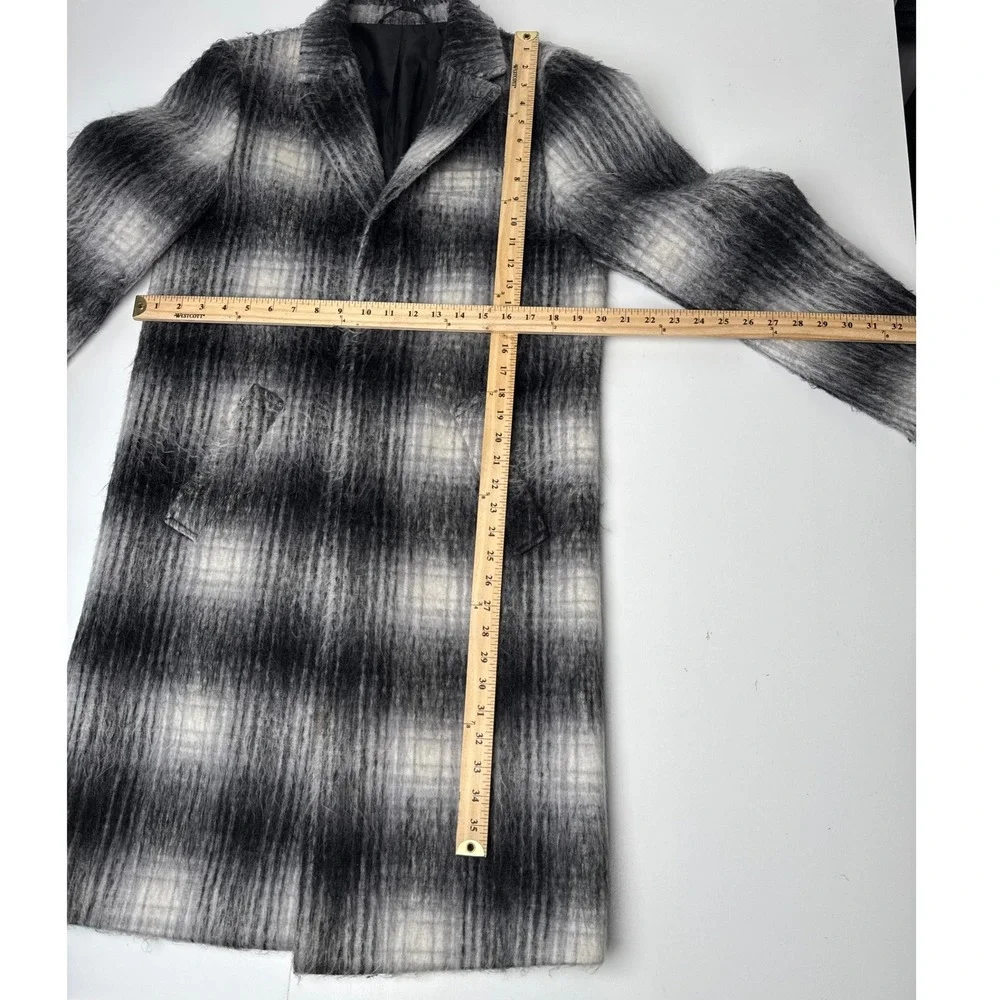 Saturdays NYC Mens Black White Plaid Wool Blend Shaggy Overcoat Jacket Size M